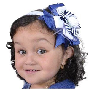 Girl's Headband Flower Design Indigo Blue & White with White Rose